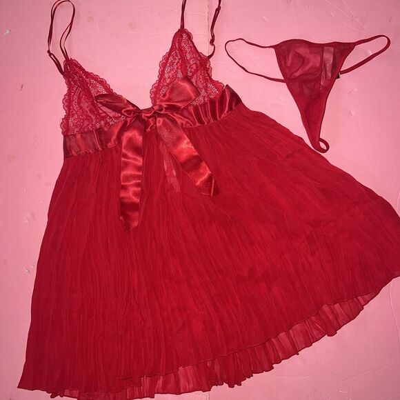 NWT Victoria's Secret XS,L,XL BABYDOLL SET thong RED PLEATED SATIN BOW Valentine - Picture 1 of 8